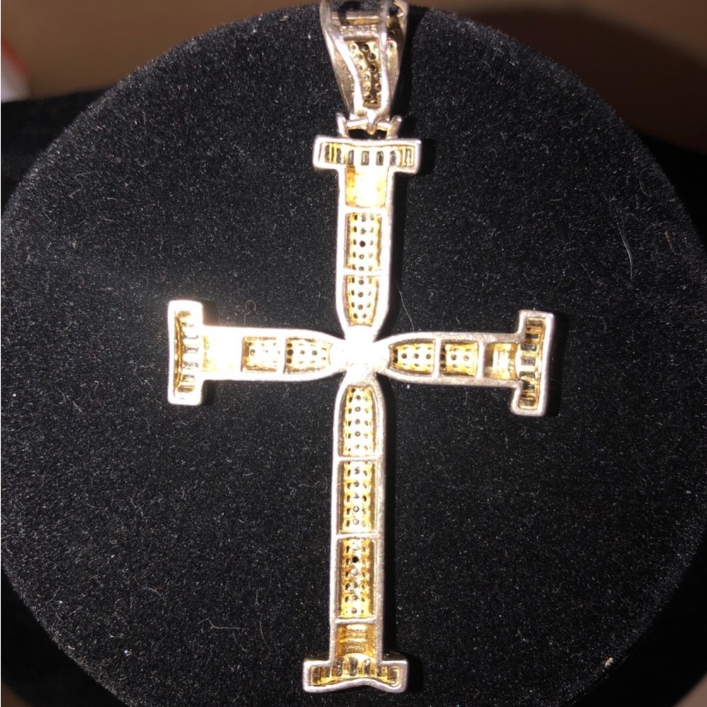 Sterling Silver & 14K Baguette sided cross pendant vintage - Picture 3 of 5